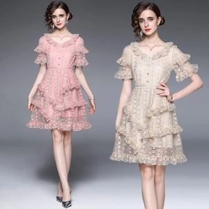 Elegant Lace Mini Dress V Neck Tiered Ruffle Embroidery Slim Waist Party Evening Celebrity Style Pink Apricot