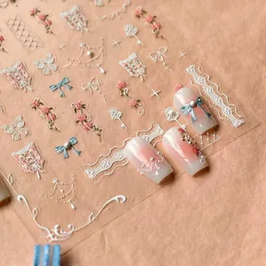 French romantic lace nail stickers with floral butterfly and pearl relief patterns