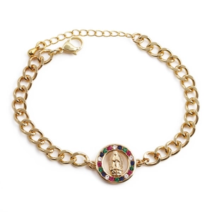 Gold-plated religious chain bracelet with colorful zircon Virgin Mary medal pendant
