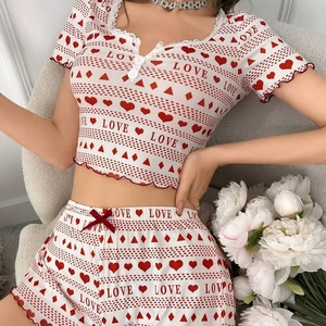 Women Pajama Top And Shorts Polyester Elastane Knit Rib Lace Trim V-Neck Heart Love Print Lettuce Edge Sweet Casual