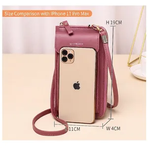 Vertical mauve PU leather crossbody phone bag shown next to a smartphone for scale
