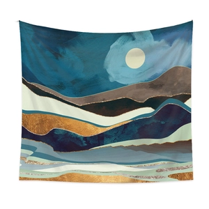 Detail of abstract landscape tapestry with blue mountains and golden moon print