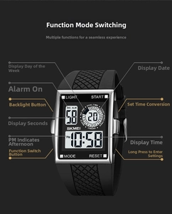 Detail view of the waterproof digital sports watch face with multiple time functions