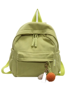 Grass green corduroy backpack for women with front pocket and orange crochet charm