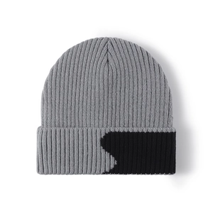 Winter thermal knit beanie in grey and black patchwork with a ribbed cuff design