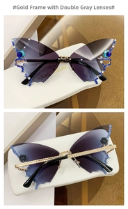 Detailed macro of gold chain temple and butterfly lens with blue and white rhinestones