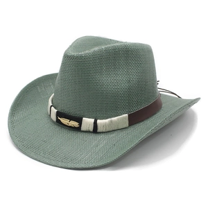 Sage green western straw cowboy hat with brown leather band and golden feather logo