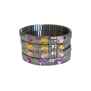 Gunmetal stainless steel stretch bracelets with colorful crystal oval gemstones