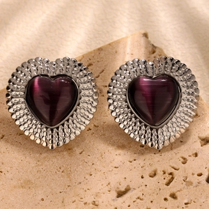 French heart-shaped stainless steel stud earrings with purple cat-eye stone