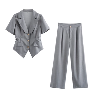 Blazer À Manches Courtes Avec Revers Et Pantalon Droit Tenue De Bureau Élégante Pour Femmes Gris Polyester
