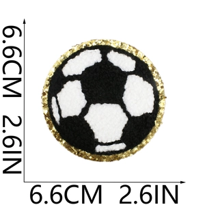 Detailed dimension view of 2.6 inch soccer ball chenille embroidery patch with gold glitter