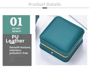 Detailed view of dark green PU leather jewelry box with gold trim and smooth texture