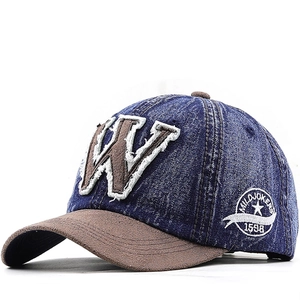 Washed Cotton Denim Baseball Cap Vintage Distressed Letter W Patch Adjustable Hip Hop Sun Hat For Men Women