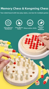 Dual-sided wooden memory chess and peg solitaire board game set for kids training