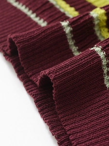 Close-up of fine knit texture with burgundy and yellow stripes on a polo top