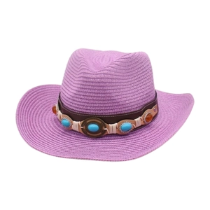 Sombrero vaquero de paja tejida violeta con cuentas étnicas para la playa y viajes