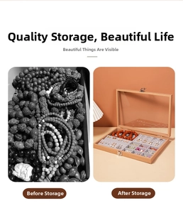 Comparison of messy jewelry vs organized walnut wood box with glass lid and soft velvet slots
