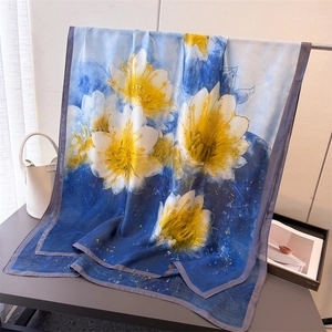 Detailed view of floral silk scarf featuring elegant blue and yellow flower patterns
