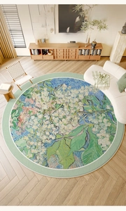 Detail of round Van Gogh floral art rug with waterproof texture on wooden floor