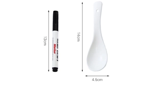 Detailed size comparison of a 14cm white ceramic spoon with a whiteboard marker reference