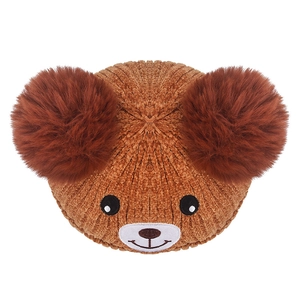 Brown knit baby bear beanie with double pom-poms for winter warmth and ear protection