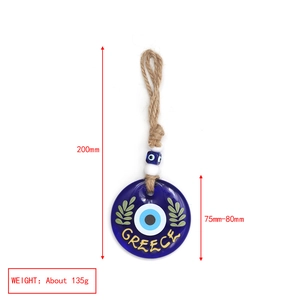 Detailed specs of the 200mm blue glass Evil Eye pendant with Greece imprint