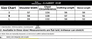 Detailed size chart for hooded knit cardigan showing measurements and fabric composition