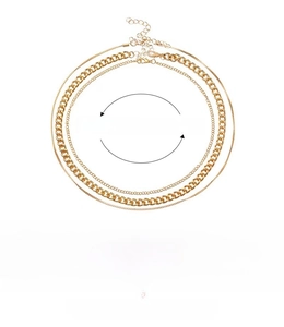 Detail view of gold triple layered necklaces with iron chain specs and dimensions