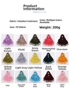 Detail showing 15 color options for premium imitation cashmere tassels shawls 70x200cm