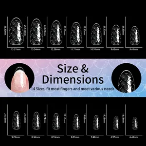 Tableau des tailles avec 14 dimensions pour faux ongles amande à motif écailles de poisson