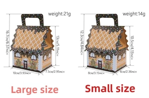 Detailed size chart of small and large Christmas gingerbread house candy boxes with handles