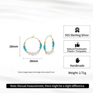 S925 sterling silver hoop earrings with natural turquoise and freshwater pearls