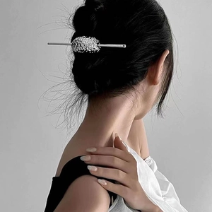 Minimalist silver long tassel hair stick with hammered metal texture for ponytail hair styling