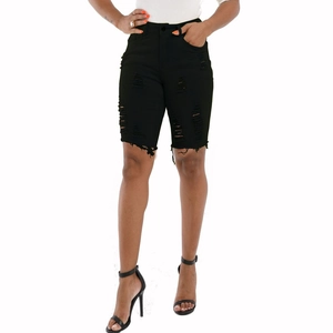 Short en jean noir slim pour femme avec taille haute et ourlet effiloché usé