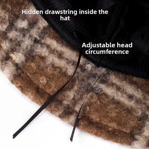 Detail of internal adjustable drawstring for head size adjustment in plush bucket hat