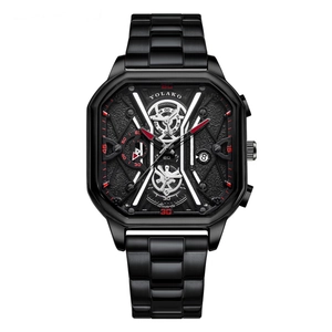 YOLAKO men's quartz watch with large black dial, steel band and calendar display