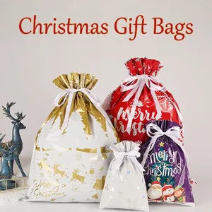 Christmas drawstring gift bags set with festive Santa and reindeer illustrations