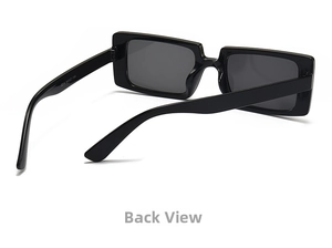 Detail view of black rectangular sunglasses showing hinge design and inner temple specifications