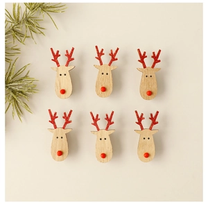 Close-up of wooden Christmas reindeer hair clips with red glitter antlers in a 6-piece set