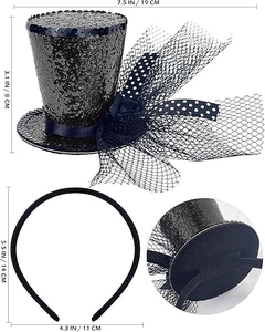 Detailed dimensions of a black sequin mini hat headband with mesh and ribbon for party