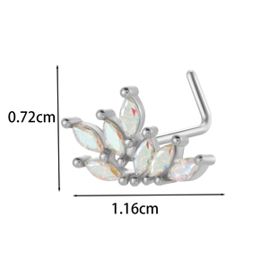 Detailed view of silver L-shaped nose stud with rainbow gems and size 1.16cm x 0.72cm
