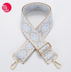 Detail of blue geometric ethnic canvas strap with gold swivel hooks for bags