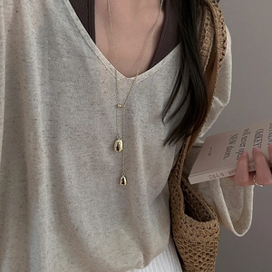 Minimalist Copper 18K Gold Plated Y Shape Long Necklace Irregular Water Drop Bean Pendant Sweater Chain Women Accessory
