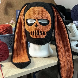 Handmade crochet skull balaclava with long ears in black and orange knitted wool
