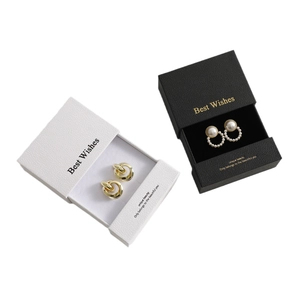 Minimalist gold and pearl earring set with Best Wishes drawer gift boxes