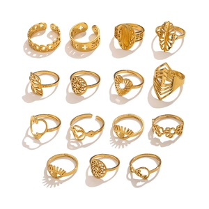 18K Gold Plated Stainless Steel Open Adjustable Rings Hollow Heart Cross Jesus Leaves Vintage Punk Fashion Jewelry