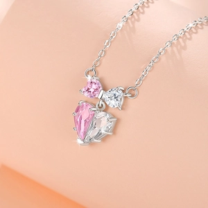 925 silver bow necklace with pink heart crystal and teardrop zircon pendant