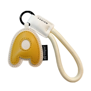 Minimalist PU leather letter A keychain bag charm with woven rope strap in yellow and white