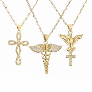 Fashion Copper Gold Plated Cross Pendant Necklace With Zirconia Angel Wings Dove Caduceus Religious Jewelry For Men Women