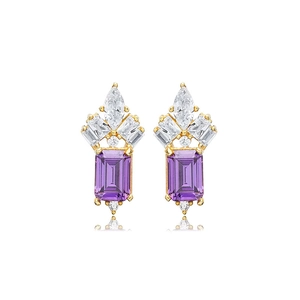 Macro detail of luxury S925 earrings with purple rectangular stone and gold base